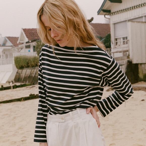 NWT Doen Irene Cotton Striped Boat Bateau Neck Long Sleeve Top Breton Stripe - Picture 2 of 11